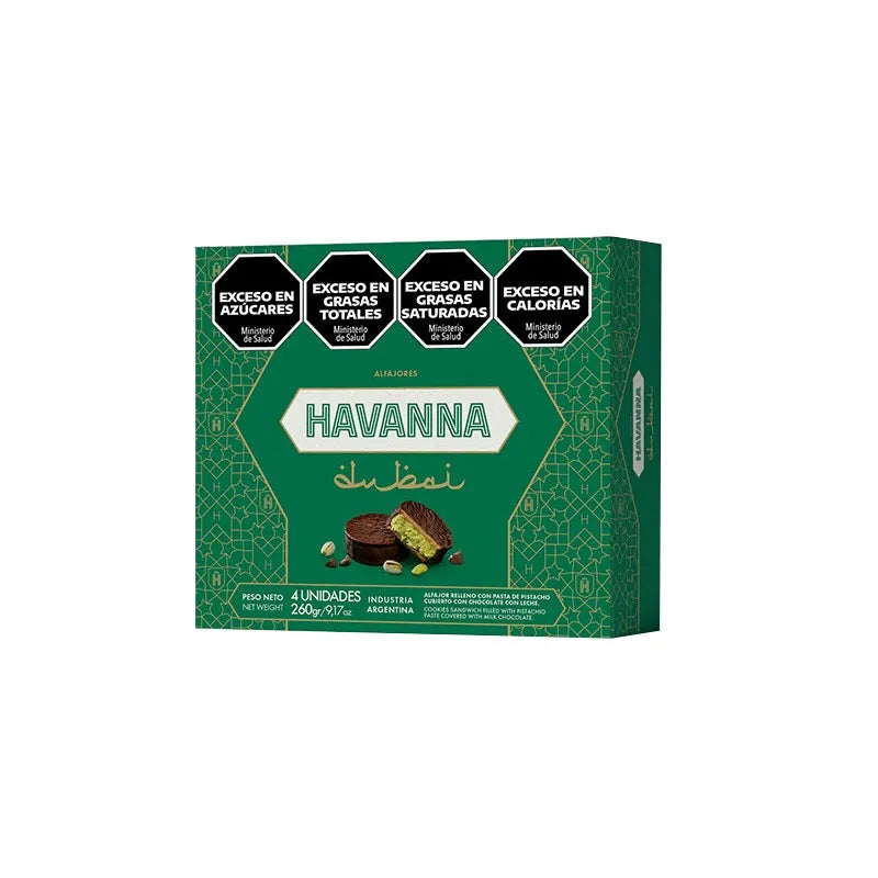 Green box of Havanna Dubai with a dessert image on a white background